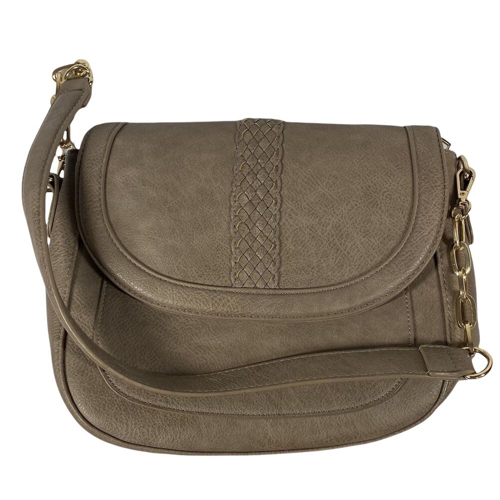 Madison West Saddle Bag Taupe Vegan Leather Purse Gold Chain‎ Strap Braid Flap